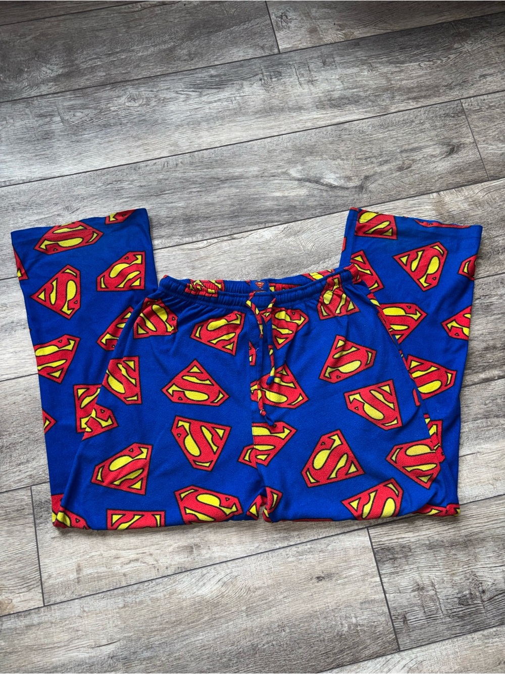 DC Comics Blue Superman Shield Lounge Pants with Red and Yellow Print